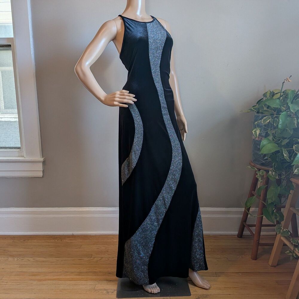 Vintage Y2K Jump Apparel Black Velvet Prom Gown Maxi Dress Glitter Size 3